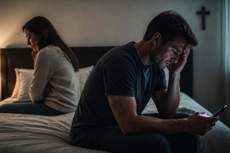 Christian husband on smartphone beside distant wife in bed showing struggle with pornography and marriage intimacy